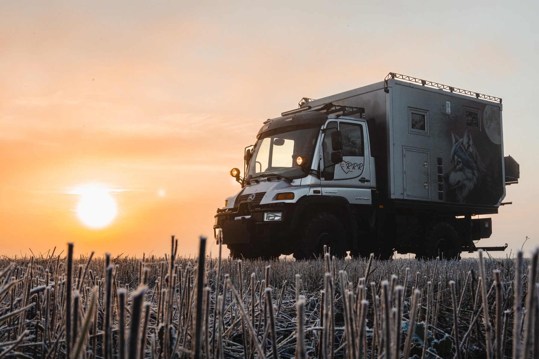 Mercedes expedition truck at sunset